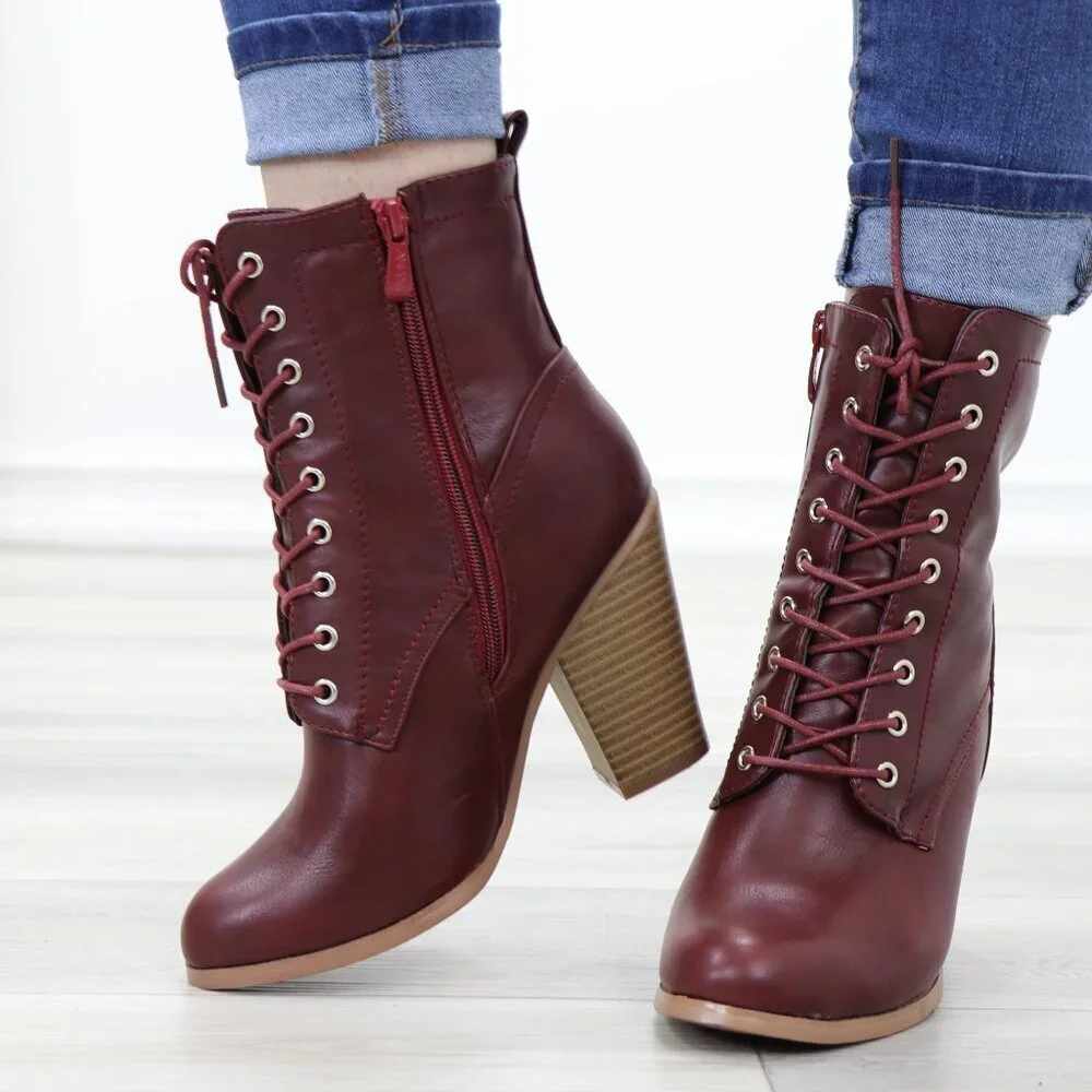 Lace-Up Block Cone High Heeled Ankle Boots Synthetic Leather - Picture 2 of 15